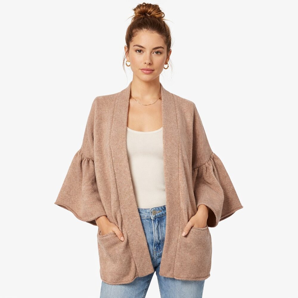 Lou Grey Cardigan Sweater Women Small Open Front Bell Sleeve Pockets Knit Boho